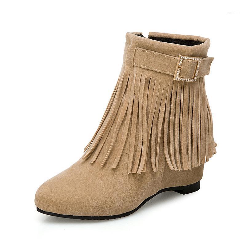 

Winter Botas Shoes Women Buckle Wedge Ankle Boots Faux Suede Boots Autumn Tassels Design Casual Shoes Woman XKD20551, Yellow