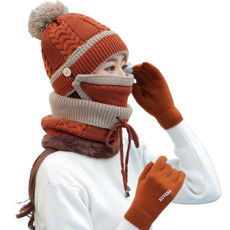 

2020 New Women Winter 4Pcs Plush Lined Beanie Hat Scarf Face Mask Touch Screen Gloves Set, Wr