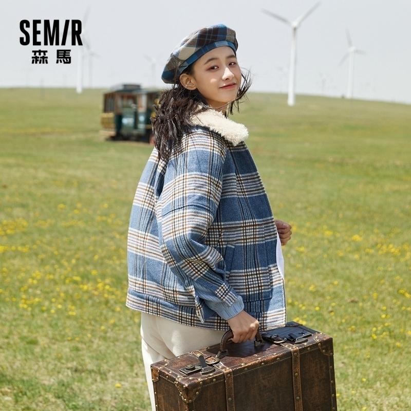 

SEMIR Autumn Woolen Jacket 2020 Autumn New Style Plaid Winter Thick Coat Gentle College Style Women' Short Tops, Blue