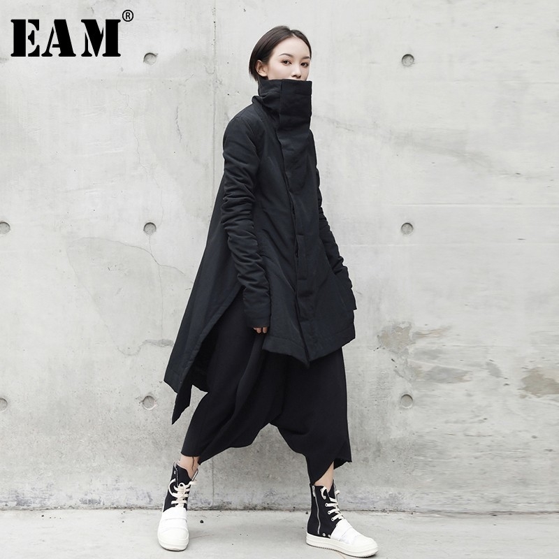 

[EAM] 2021 New Fashion Winter Stand Lead Irregular Long Type Cotton-padded Clothes Loose Coat Solid Black Jacket Woman YA771 210203