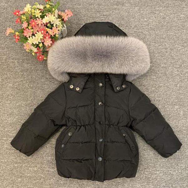 

Children's down jacket girl waist slimming thick coat real fur, Black white fur