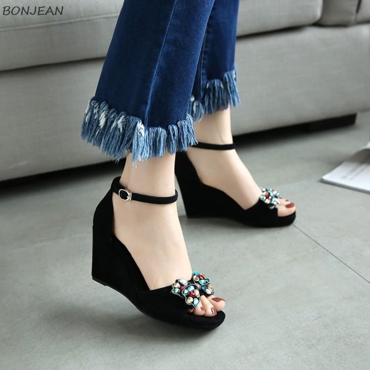 

New Women's Wenges Sandals Fashion Color Diamond Butterfly Knot Ankle Buckle Ladies Genuine Leather Toe Peep Toe Women's Sandals, Black