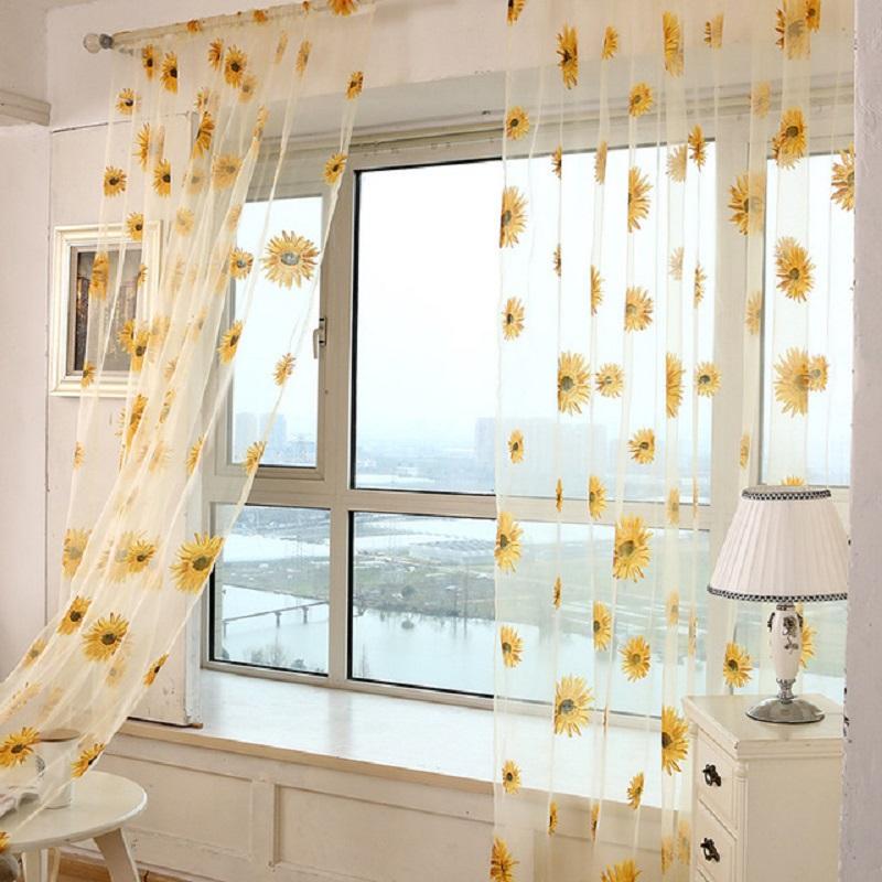 

1PCS Romantic Sun Flower Curtains Transparent Balcony Drape Panel Sheer Tulle For Living Room Bedroom Voile Sheer Curtains, Yellow