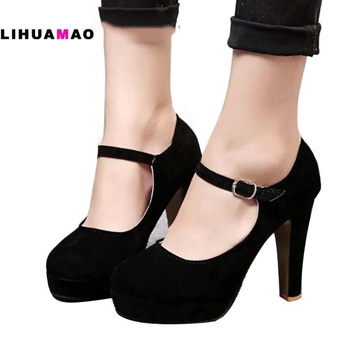 

LIHUAMAO Pumps Women high heel shoes platform ankle strap Mary Jane shoes office career party wedding 12cm heel, Black