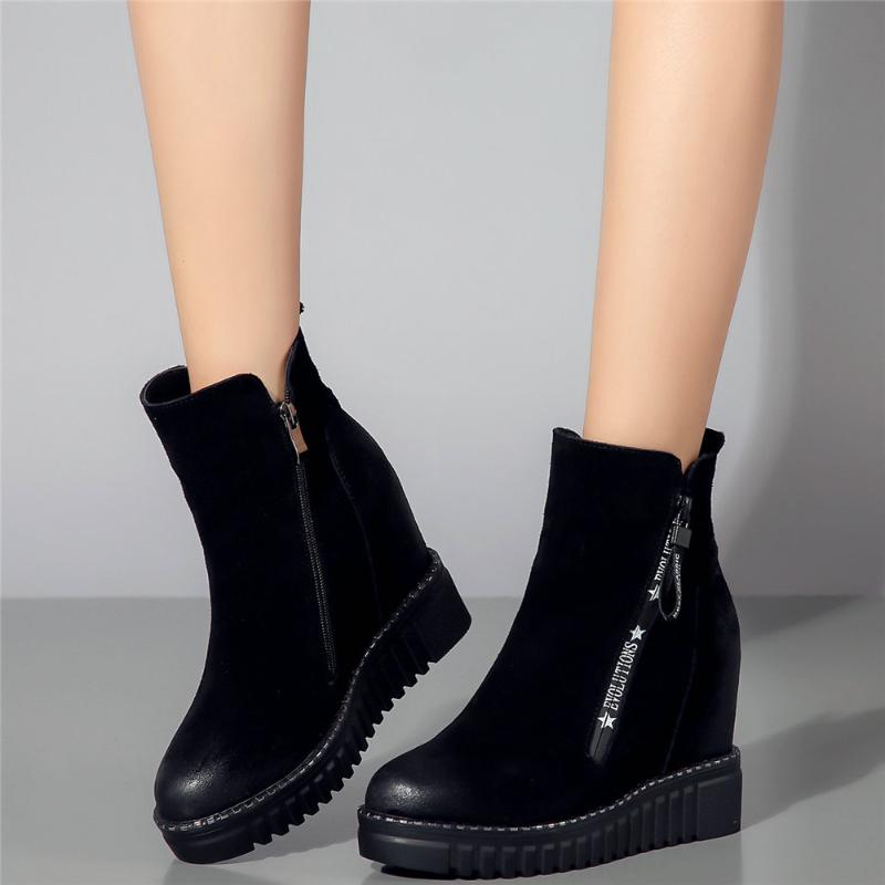 

Winter Warm Shoes Women Genuine Leather Wedges High Heel Motorcycle Boots Female Round Toe Platform Oxfords Shoes Casual, Black