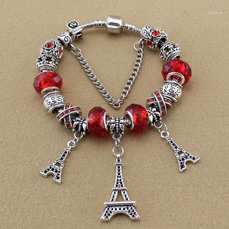 

European Vintage Red Glass Crystal Eiffel Tower Pendant Stylish Silver Plated Pan Bracelet Suitable for Women's Bracelets1