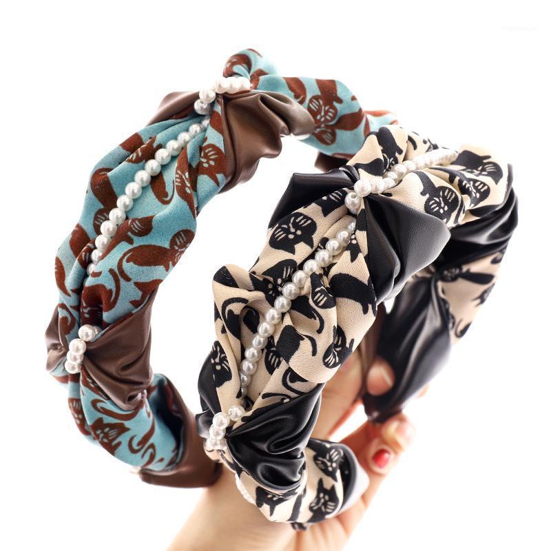 

Ladies Hair Accessories Color Matching Pleated Fabric Cross-border Headband Pearl Leather Headband New Fashion1, Blue