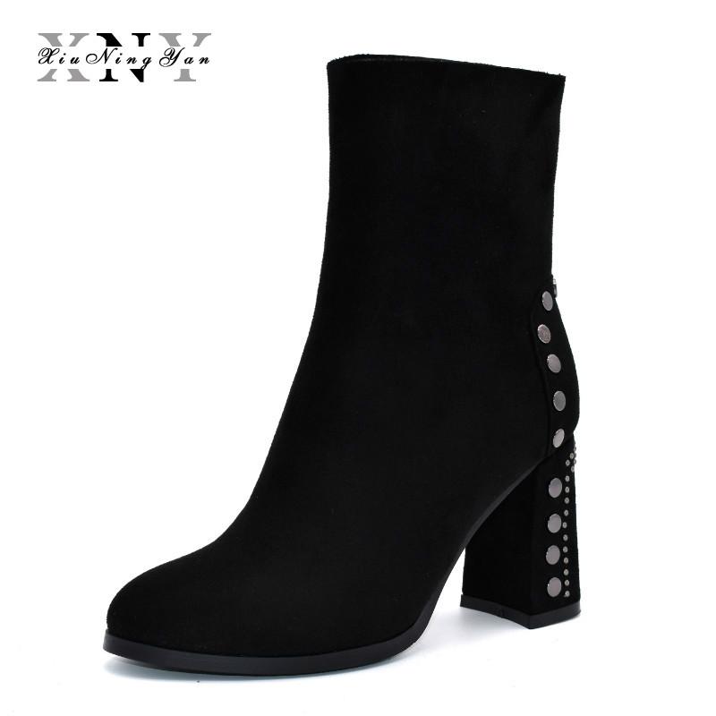 

XIUNINGYAN Fashion Flock Leather Women Boots Square High Heels Crystal String Bead Elegant Ankel Boots Autumn Winter Shoes Woman, Short plush