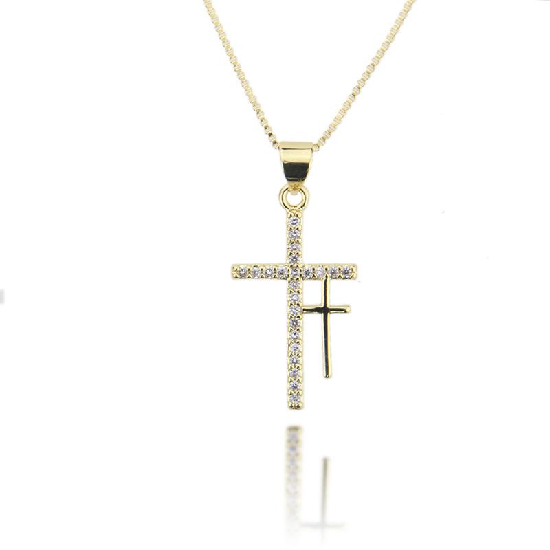 

Double Cross Pendant Necklace Gold Color Copper Zircon Stone Initial Chain Necklace for Women Religious Prayer Jewelry Gift
