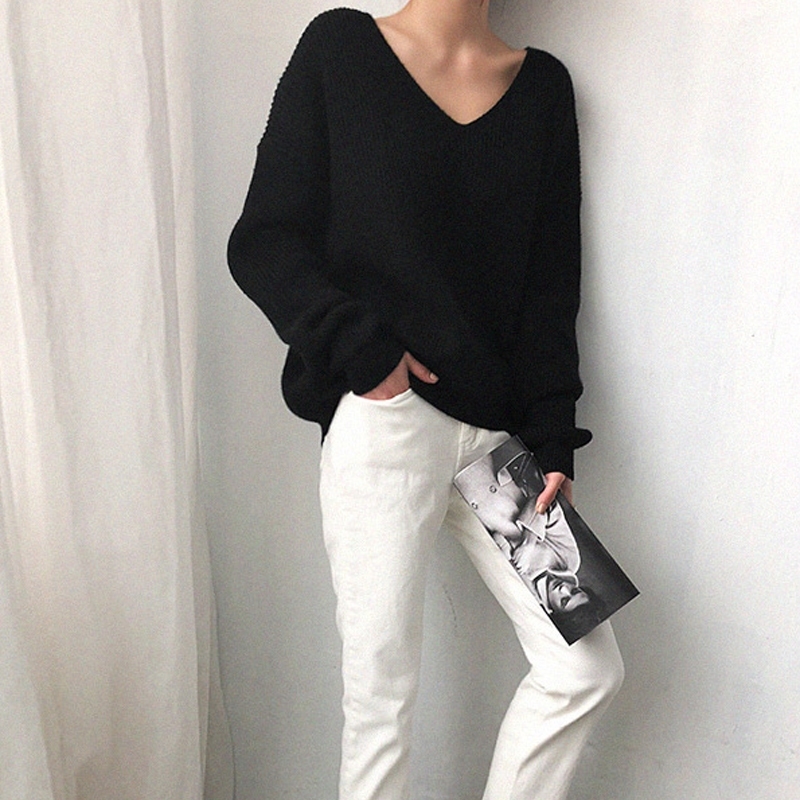 

Winter Korean V-Neck Loose Solid Sweater Women Tops Plus Size Pullover Women's Knitwear Bottoming Sweater Pull Femme 10526 201203, White