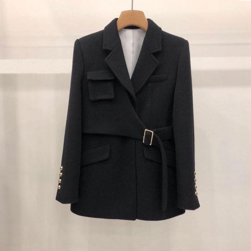 

EWQ] 2020 Winter Female Black Casual Turn Down Collar Long-sleeved Minimalist Solid Color Lace Up Woolen Top Overcoat 8Q195
