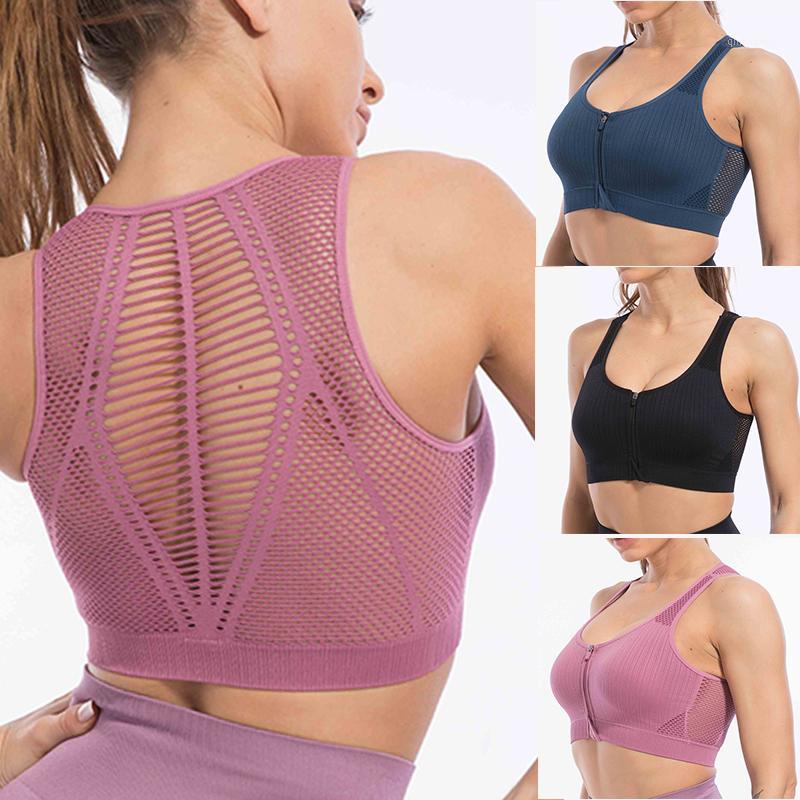 

Women Sports Bra Sexy Mesh Brathable Sports Bras zipper Push Up Running Yoga Tops Female Gym Fitness Underwear Female1, Blue2
