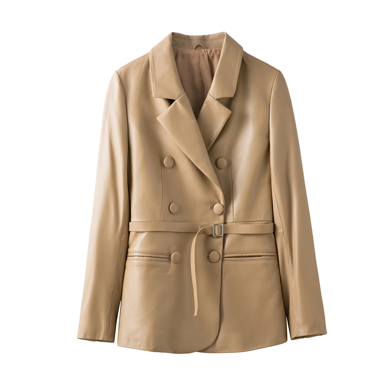 

Genuine Female 2020 Leather Double Breasted Blazer Lambskin Jacket Spring Korean Fall Chaqueta Mujer Kj3529 7vkd, Khaki.