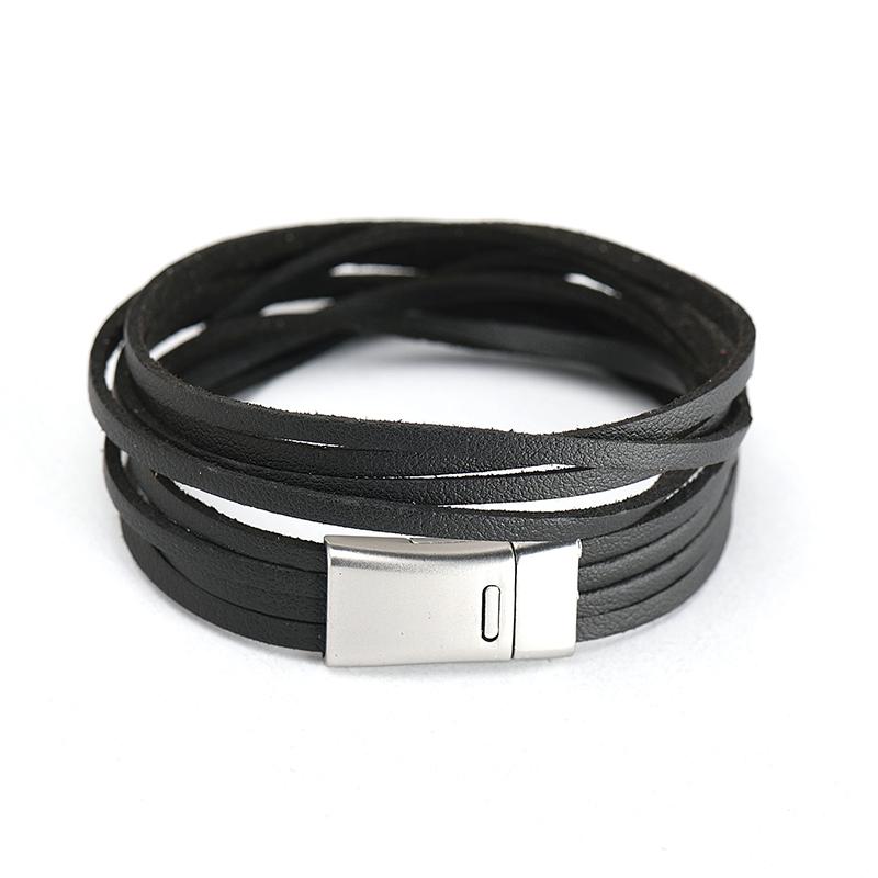 

2020 Black Brown Double Layer Leather Bracelet for Best Friend Vintage Silver Plated Magnet Charm Simple Bracelets MYC09005