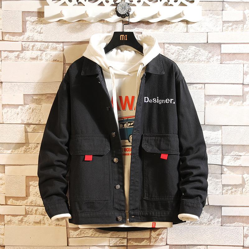 

Mens Clothing Spring and Autumn New Denim Jacket Men's Hong Kong Style Loose Letter Embroidery Jacket Plus Size Men's, Black
