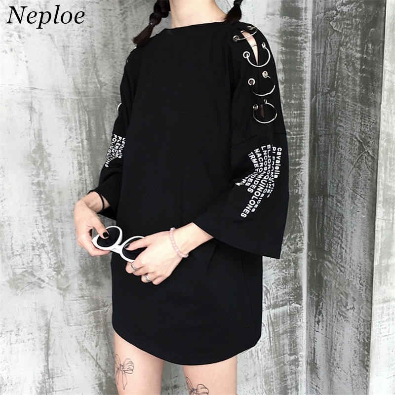 

Neploe Causal Tops Ring Design T-shirt Harajuku Short Sleeve O-neck Top Tee Letter Print T Shirt Woman Medium-long TShirts 35281 201125, 35281 white
