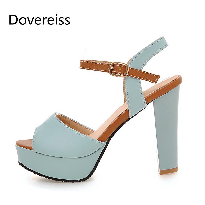 

Dovereiss Fashion Women's Shoes summer new sexy consice Buckle Waterproof Party shoes pink white Chunky heels Sandales 32-45, Blue