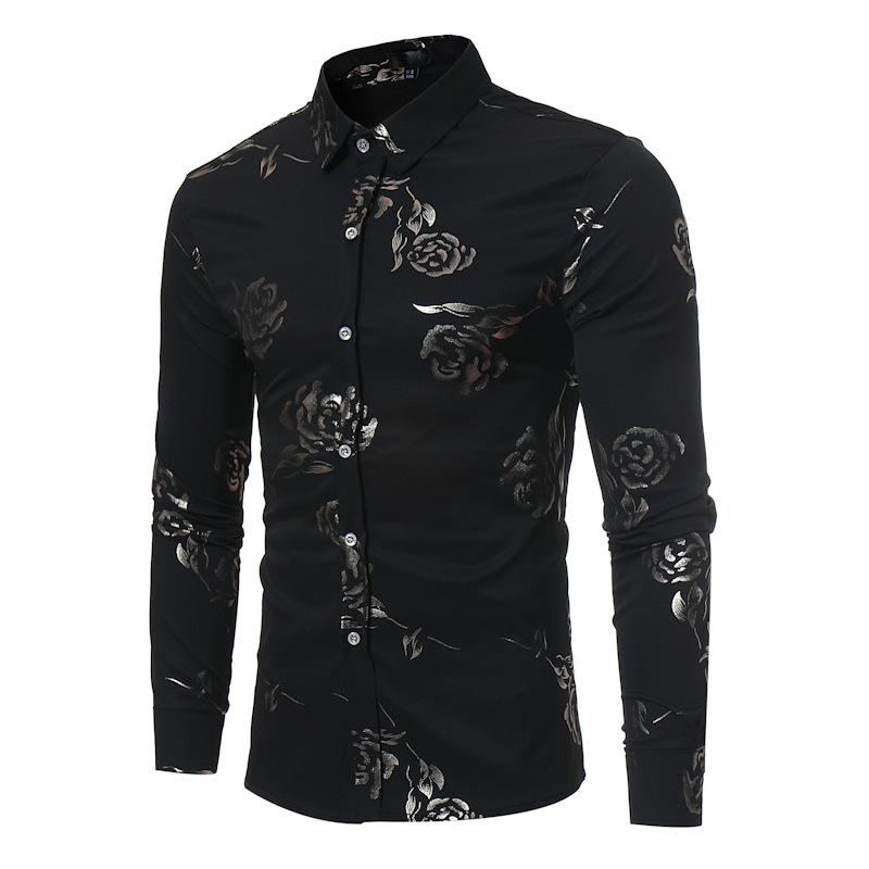 

Black Rose Print Shirt Men 2020 Long Sleeve Mens Dress Shirts Party Wedding Casual Shirt Male Camisa Social, Navy