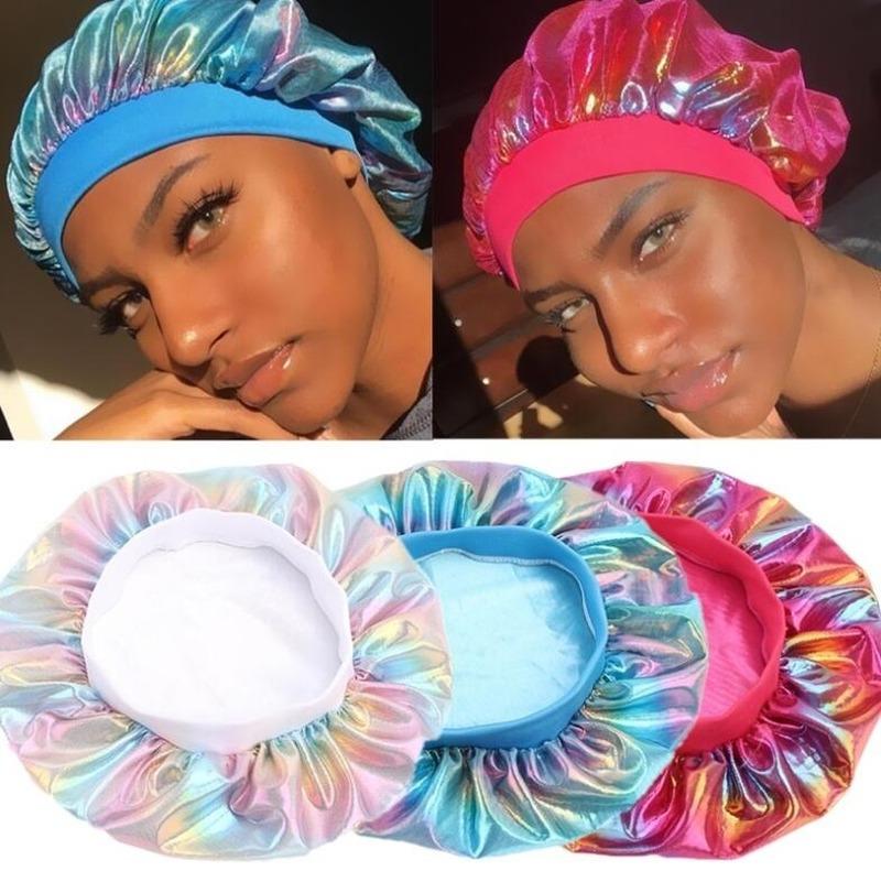 

Women Laser High Elasticity Wide Side Sleeping Cap Perm Hat Chemotherapy Hats Bath Hotel Shower Caps Home Hair Cover Hot
