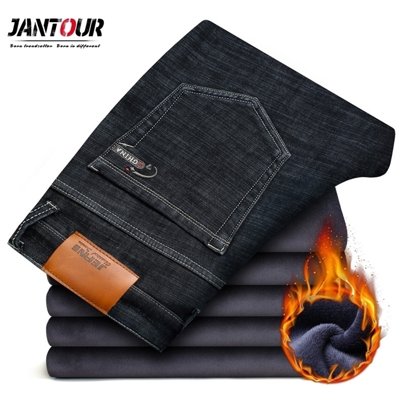 

Jantour Brand Winter Warm Fleece Men's Jeans Thick Stretch Denim Jean Straight Trousers Fashion Male Cotton Pants Men 42 44 46 201111, Blue