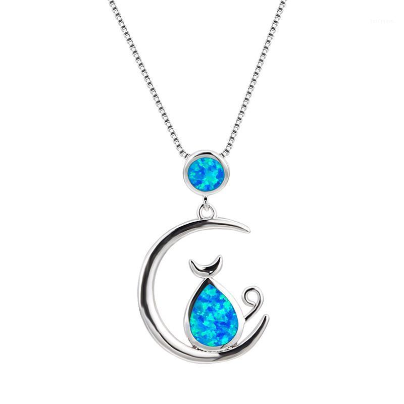 

Boho Female Big Cat Moon Pendants Necklaces silver color Wedding Necklaces For Women Boho White Blue Fire Opal Necklace1