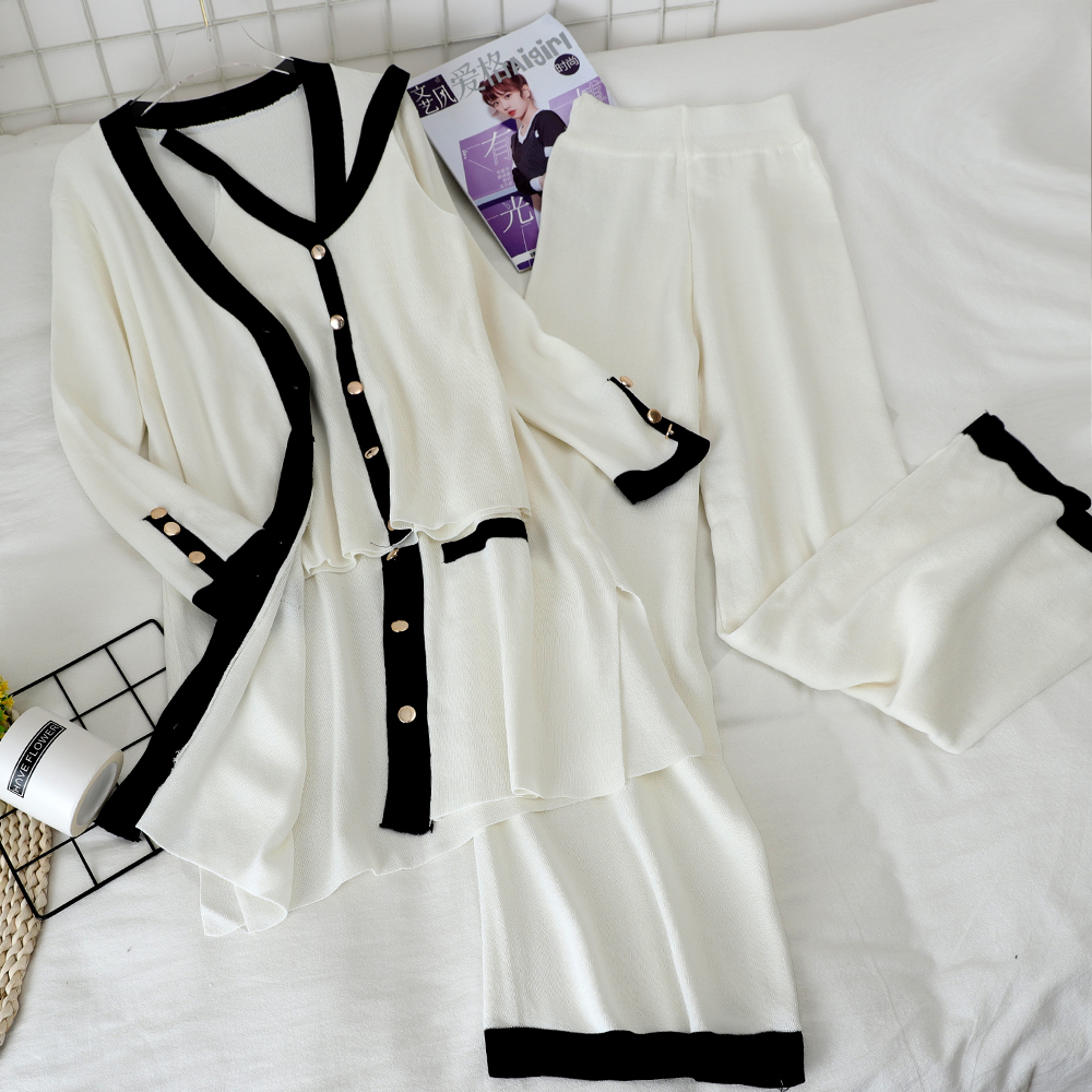 

2021 New Xiaoxiangfeng ladies knit female royal sister thin and high-waisted wide leg pants three-piece suit 4680, Black