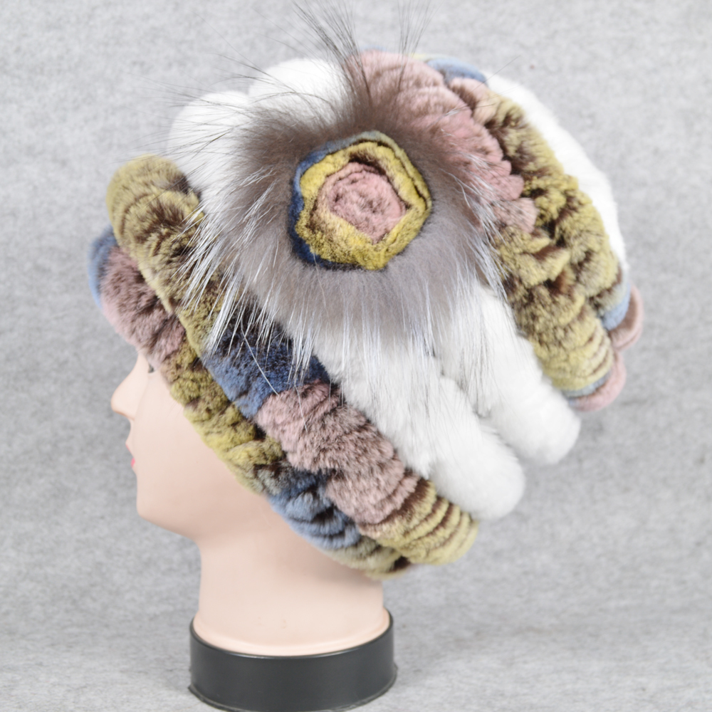 

New female style crochet skins beanies good elastic fur natural winter hats rex rabbit hat skullies, Coffee
