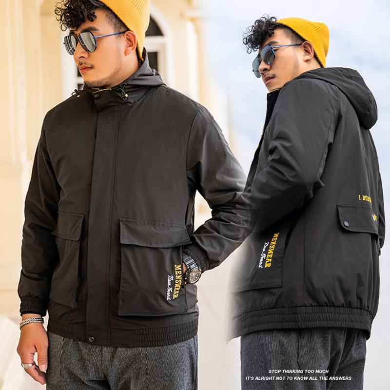 

New large size men high-quality embroidered single-breasted spaceship hooded casual jacket men loose zipper jacket, Black