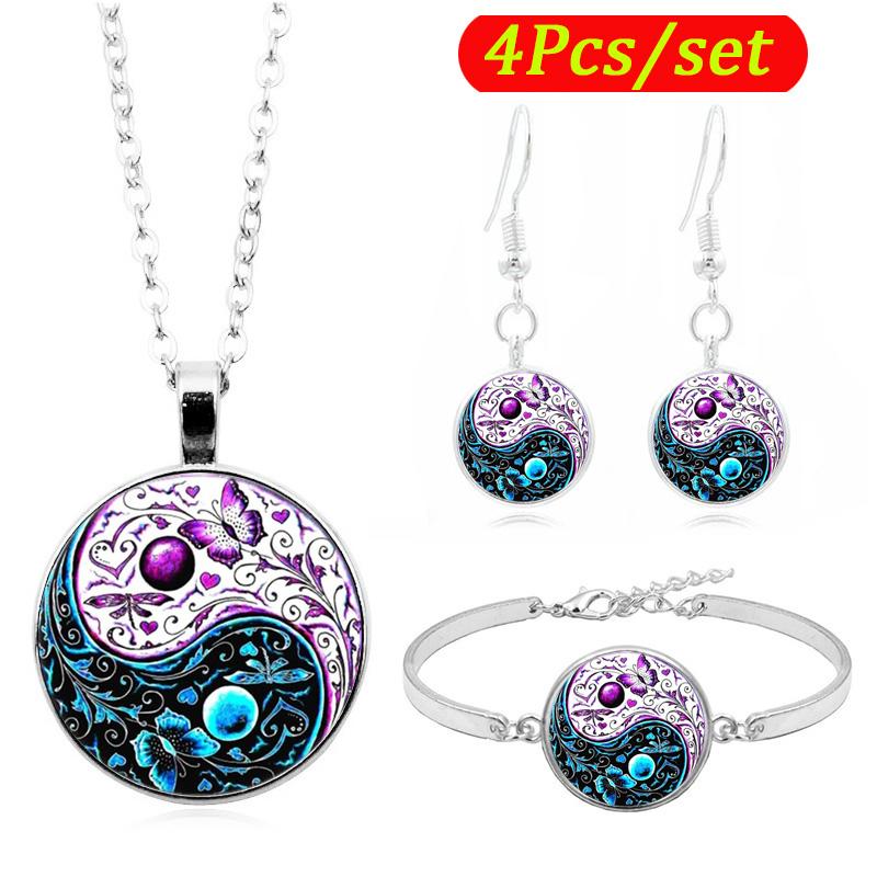 

Cheap Fashion Jewelry Sets Ying Yang Butterfly Photo Glass Cabochon Necklace Bracelet Earring Set Christmas Gifts, As pic