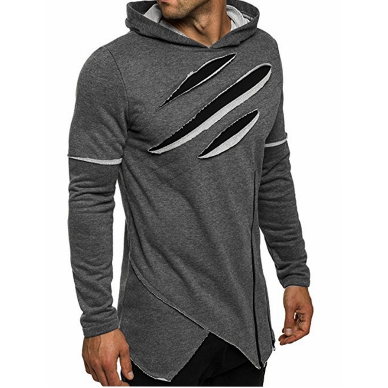 

2021 Men with Irregular Zero Personality Ripped Hip Hop Long Hoodie Design Men's Sweater Streetwear Club Attire L2fi, Black