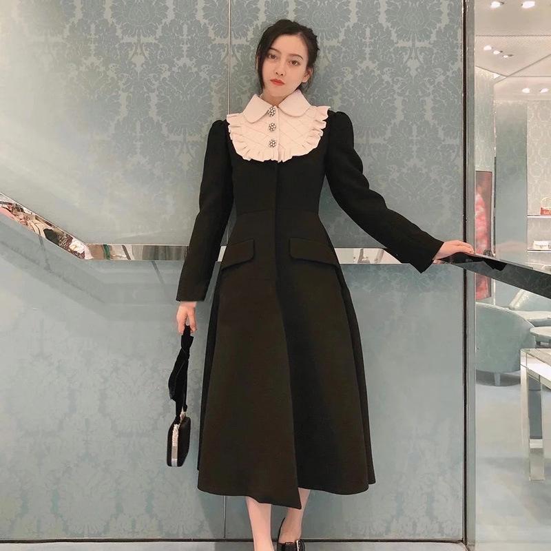 

Women Black Woolen Coat 2020 Elegant Turn Down Collar Diamond Single Breasted Slim Long Trench Coat Dress Female Winter Outwear