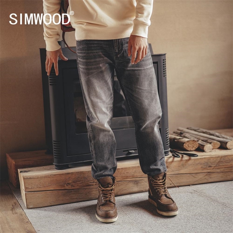 

SIMWOOD Autumn New Vintage Jeans Men Regular Straight Fit Dark Washed Plus Size Denim Trousers Brand Clothing SJ130845 201111, Black grey