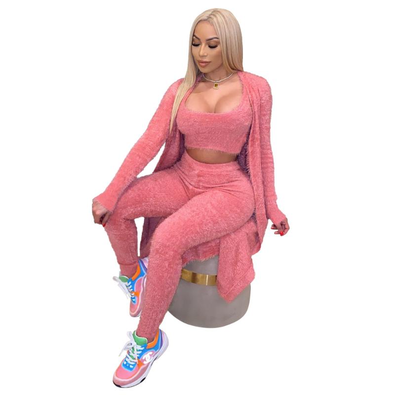 

Fall Winter Women Clothing Casual Furry Sleeveless Tank Crop Top Long Coat + Pencil Pants Slim Two Piece Set Tracksuit Women, Apricot set