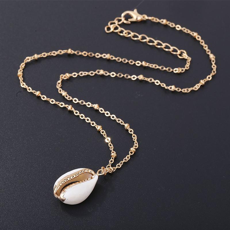 

Pendant Necklaces Fashion Natural Shell-wrapped Gold Necklace For Women Cowrie Shell With Double Beads Chain
