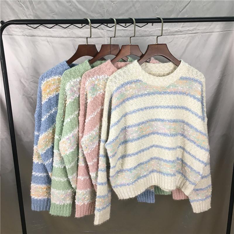 

sets in female sweater languid is lazy wind outside color matching stripes loose brief paragraph sweater coat, Green