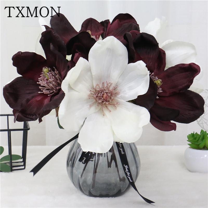 

European-style mini magnolia simulation silk flower home wedding decoration furnishings artificial handmade magnolia plant1, White