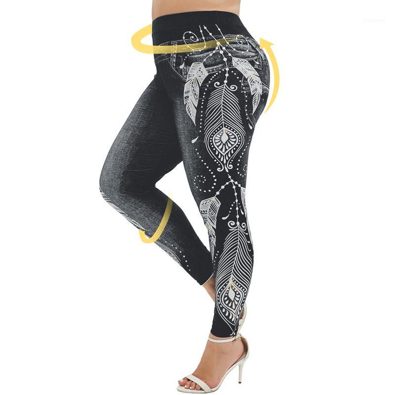 

New Women Plus Size High Waist Imitation Denim Fake Jeans Floral Print Leggings Trousers Capri Casual Workout Yoga Pants 20201, Black