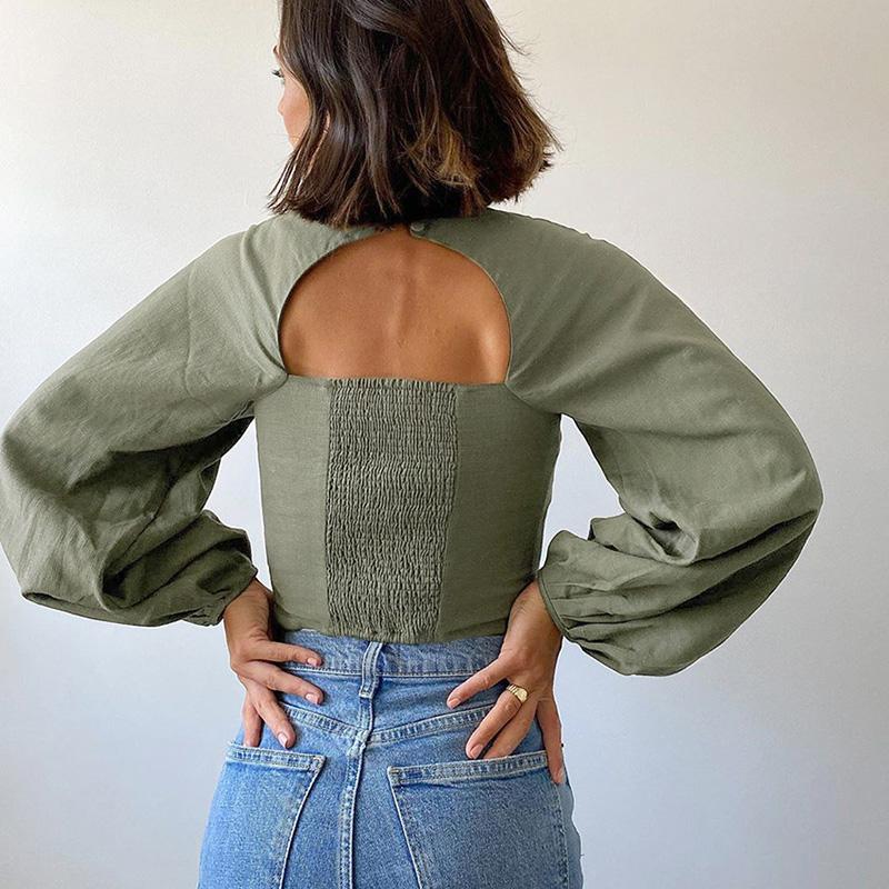 

Sexy Hollow Out Cotton Green Blouse Women Autumn Long Sleeve Shirt 2021 Ladies Ruched Blouse Chic Backless Tops Zip