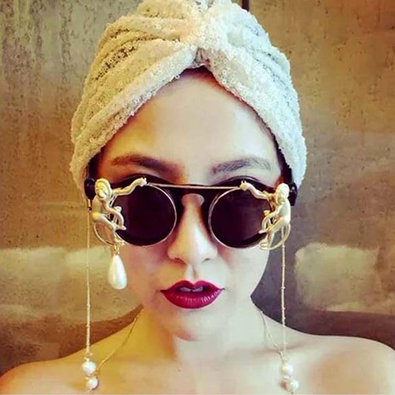 

Lady Metal Gold Monkey Baroque Sunglasses Brand Metal Retro Leopard Frame Beach Chain Pearl Round Sun Glasses for Women