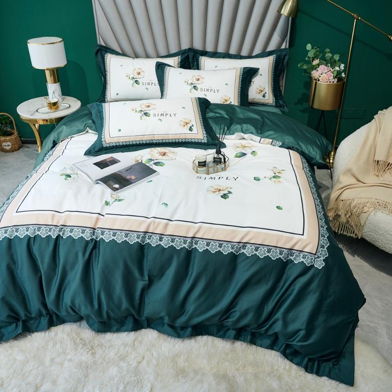 

European Stylt Bedding set 100% Egyptian cotton bedclothes satin green and white duvet cover queen king size hometexitle, As pic