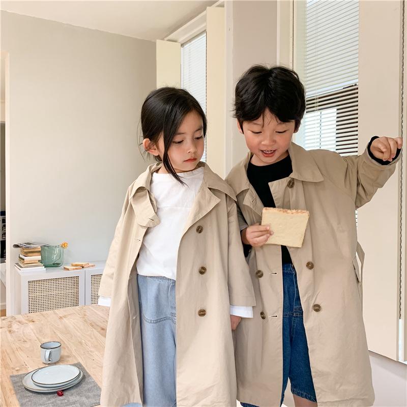 

Korean style Spring unisex fashion khaki long trench jackets Boys and girls cotton oversized casual coats