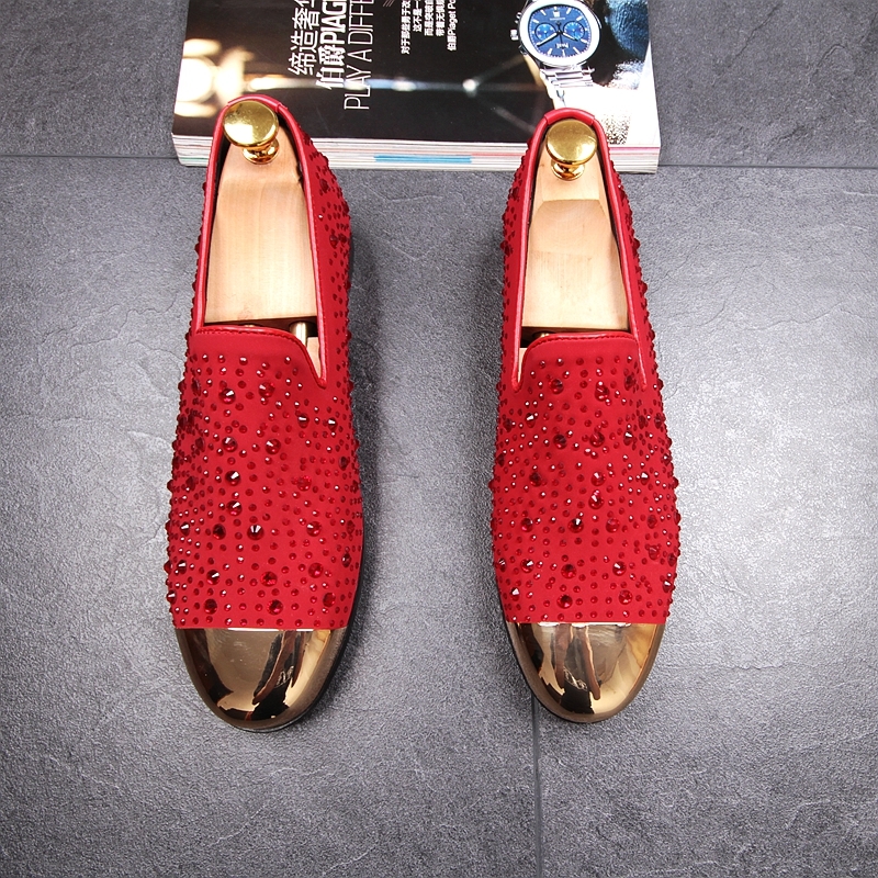 

Night Men's Luxury Party Dress Cow Leather Slide in Lazy Rivets Strass Moccasins Breathable Shoes 62ym, Black