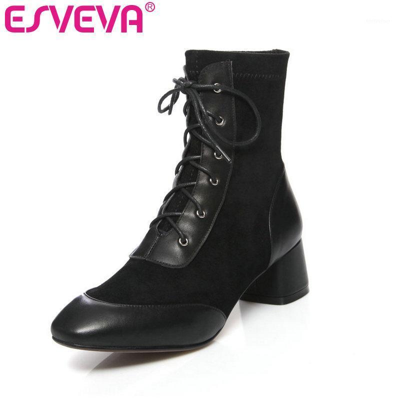 

ESVEVA 2020 Women Shoes Winter Ankle Boots Flock+pu Square Med Heel Pointed Toe Lace Up Motorcycle Platform Boots Size 34-421, Black