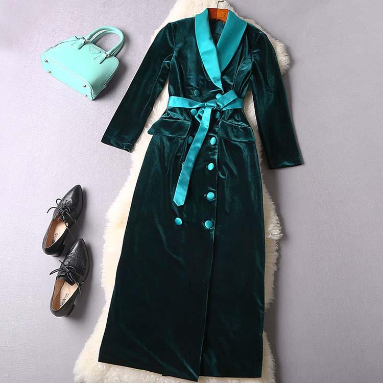 

women autumn 2020 new v-neck slim high waist velvet gentle long vintage retro classic formal lady trench coat, Black