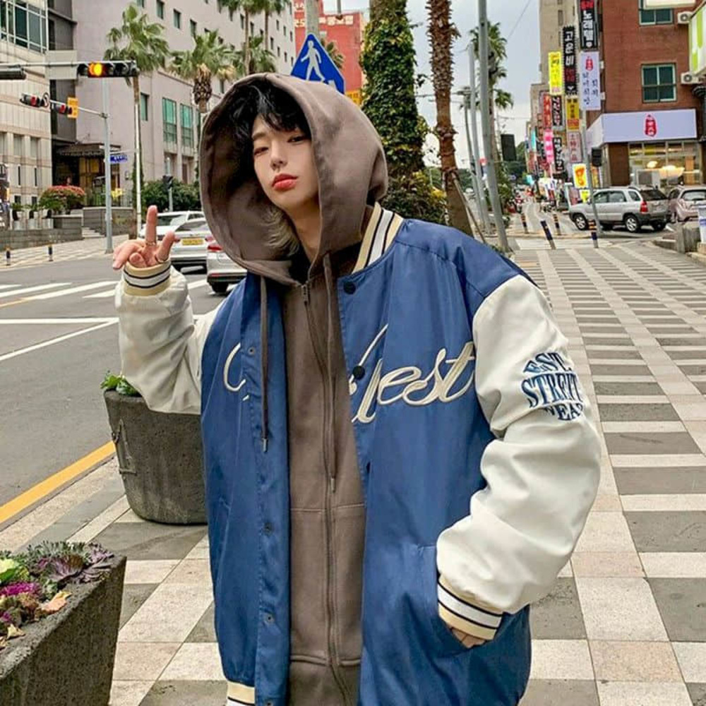 

Baseball uniform men clothing Korean and Hong Kong style loose tide brand flight jacket button all-match retro boy coat, Blue