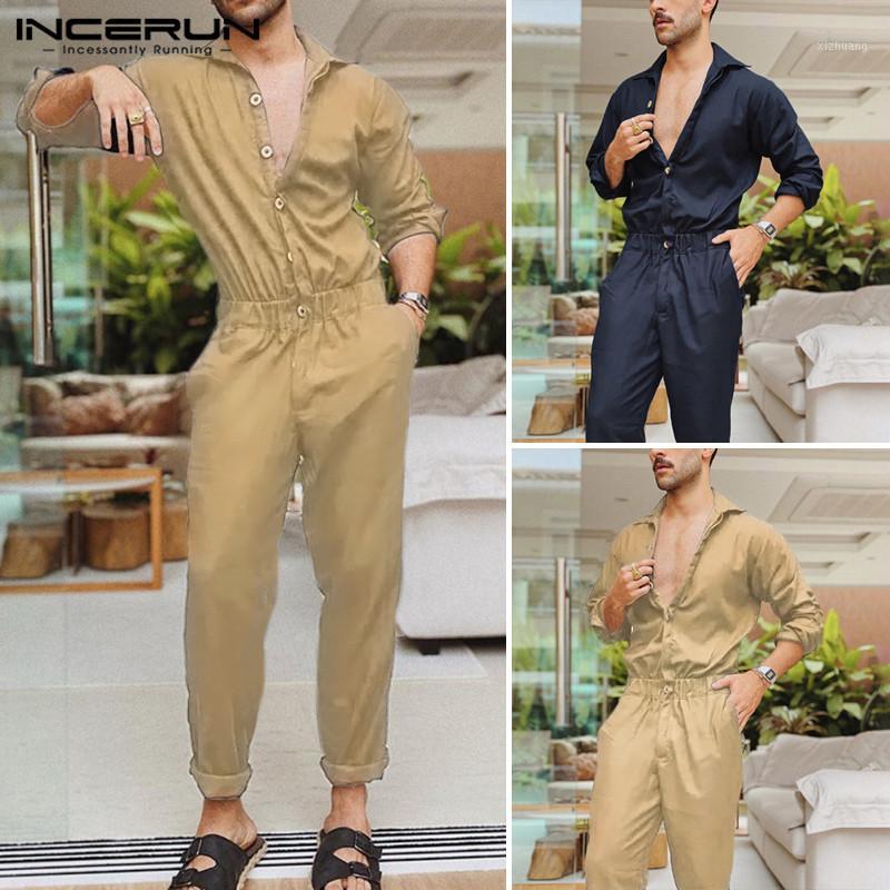 

Men' Pants INCERUN Casual Front Pockets Bib Mens Fashion Solid Jumpsuits Men Long Sleeve Lapel Rompers Vintage Buttons Overalls -5XL1, Khaki