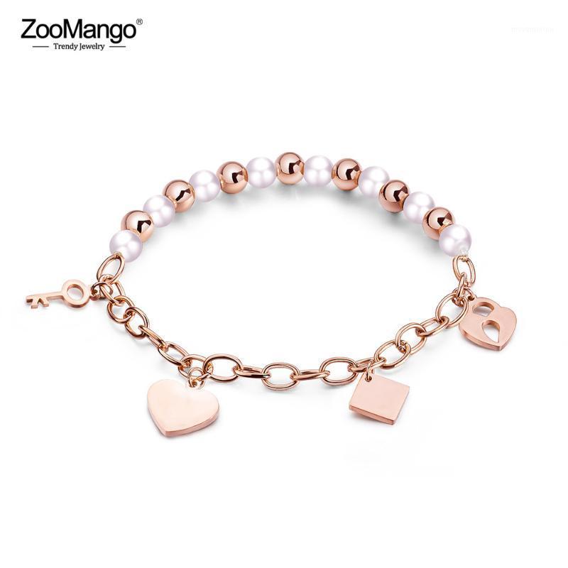 

ZooMango White Simulated Pearl Key Lock Love Heart Charm Bracelet Bangle Jewelry For Girls Stainless Steel Diy Bracelet ZB171021