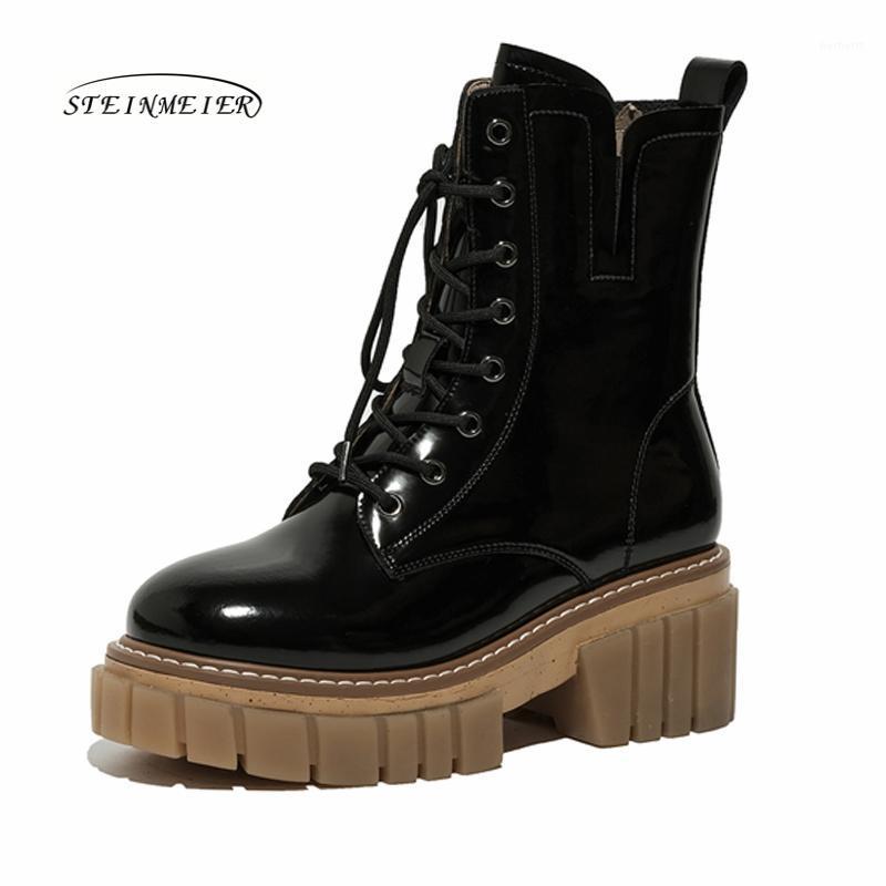 

Women Winter Ankle Boots Genuine Leather Woman Thick Heel shoes 2020 Warm Round Toe Lace-up Short Boots Ladies Steinmeier1, Brown