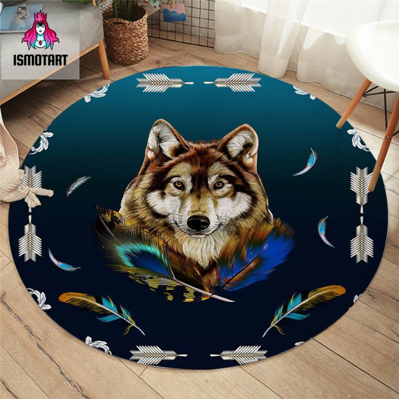 

Royal Wolf Blue by Ismot Esha Round Carpets Colorful Feathers Bedroom Area Rug Wild Animal Floor Mat Tribal Rug for Living Room1, Wolves