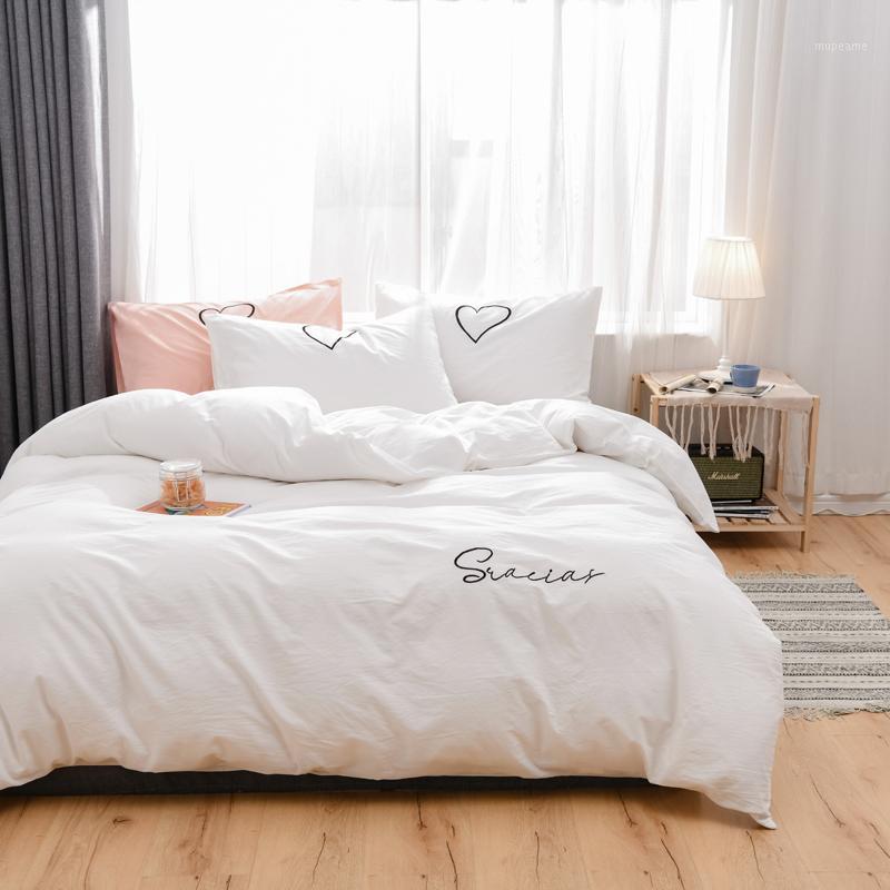 

2020 Solid bedding set white bed sheet linen duvet quilt cover pillowcase twin  king size embroidered love letter bedding1